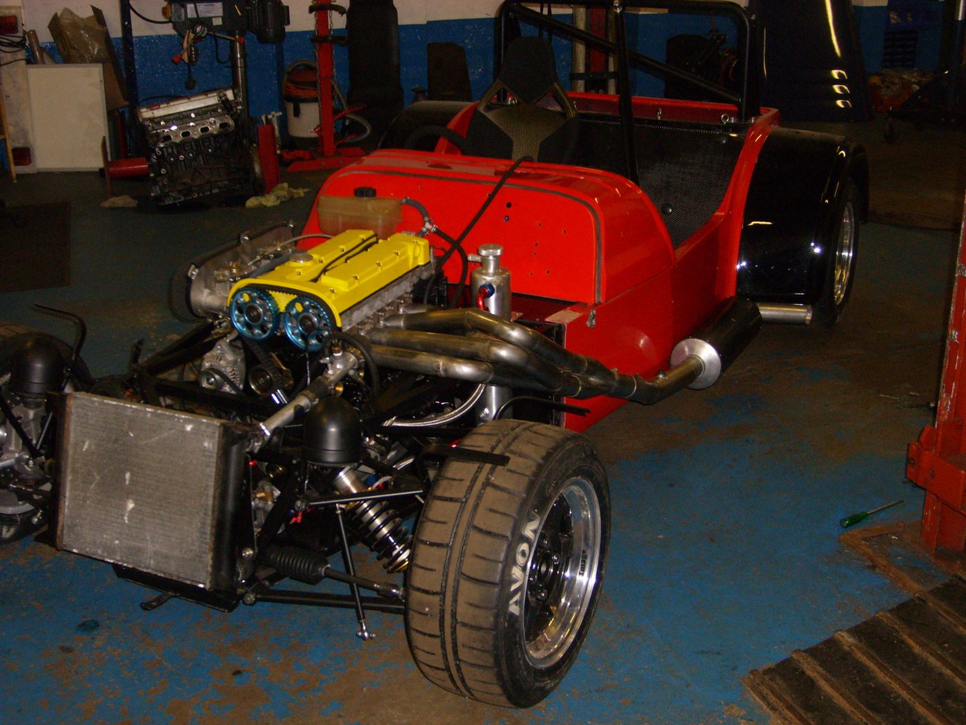 Westfield with engine, headers and front suspension exposed